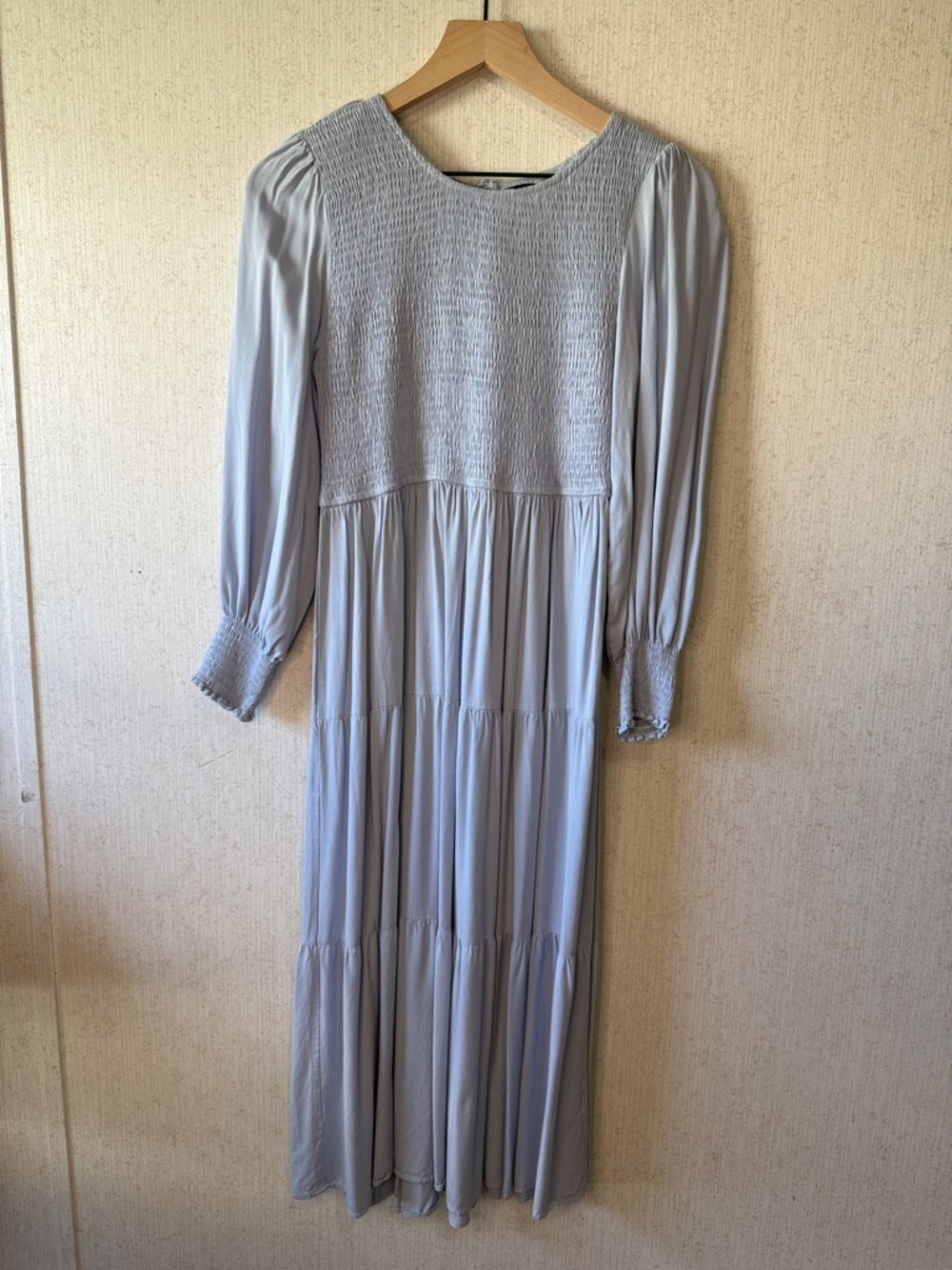 Light Gray Smocked Bodice Maxi Dress with Long Sleeves